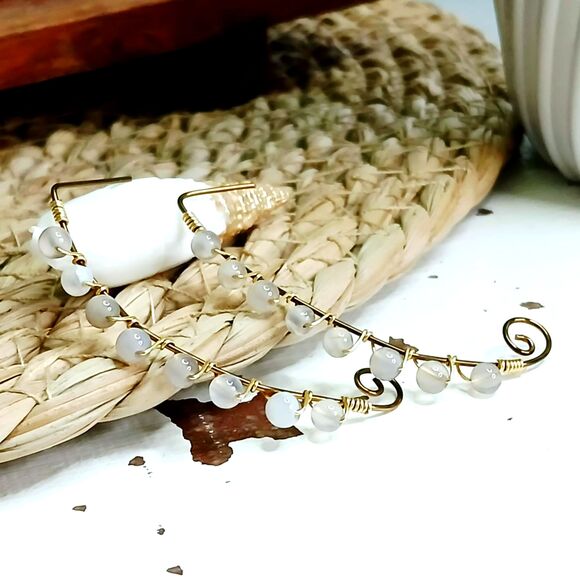 Agate Crystal Beaded Drop Earrings, Bronze Gemstone Wire Earrings, 2.25" - Picture 3 of 4